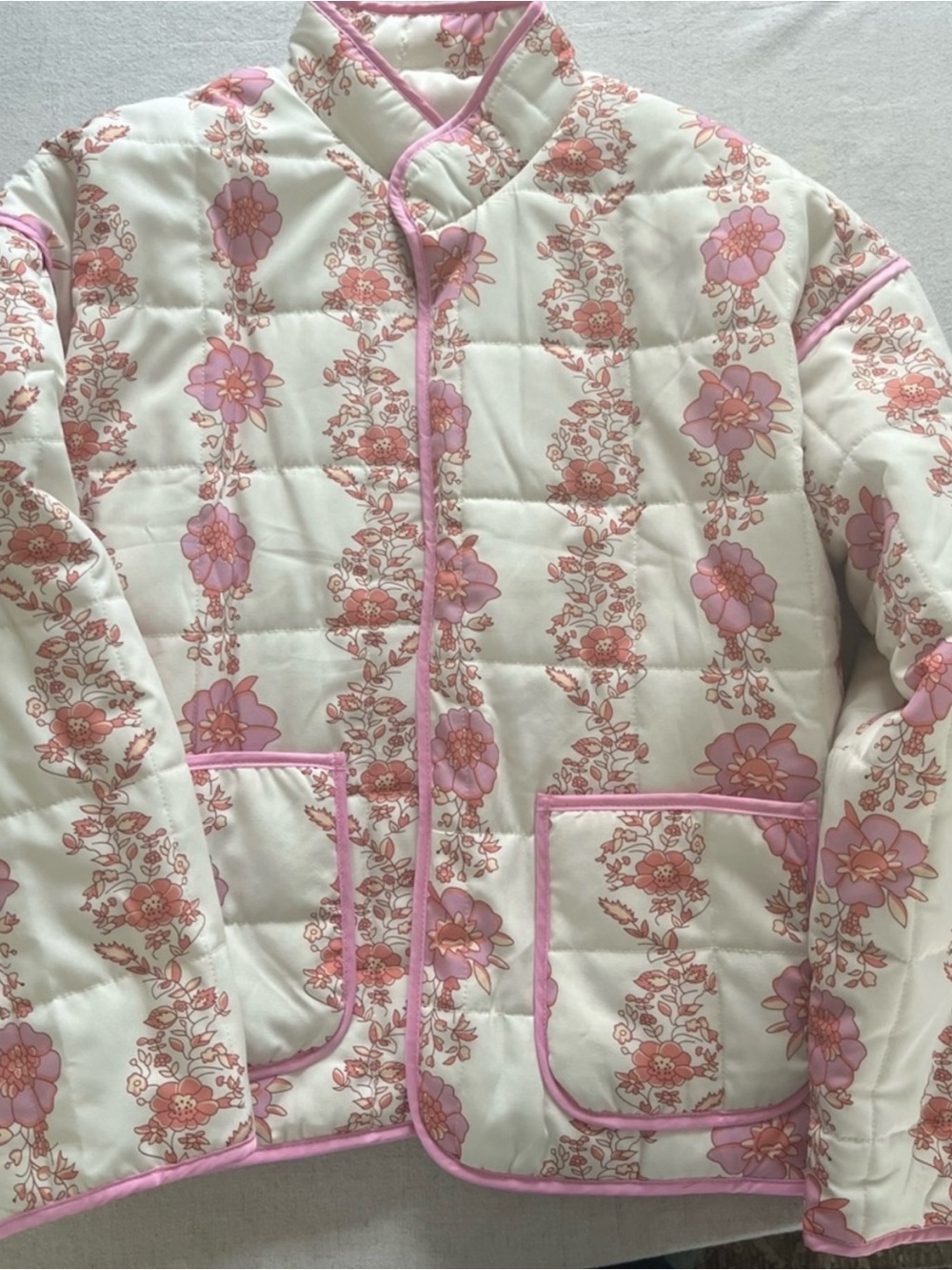 Quilted Floral Padded Jacket with Pink Trim & Hook-Eye
Closure - S/M
